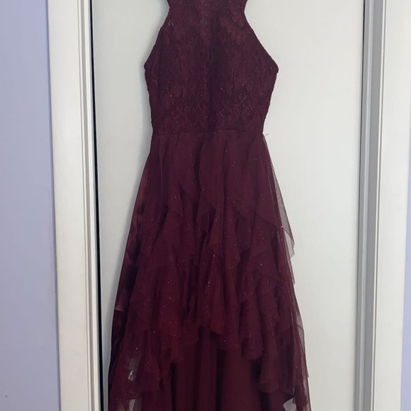 Teeze Me Burgundy Glitter Lace Ruffle High Low Dress Size 1 - Picture 5 of 5